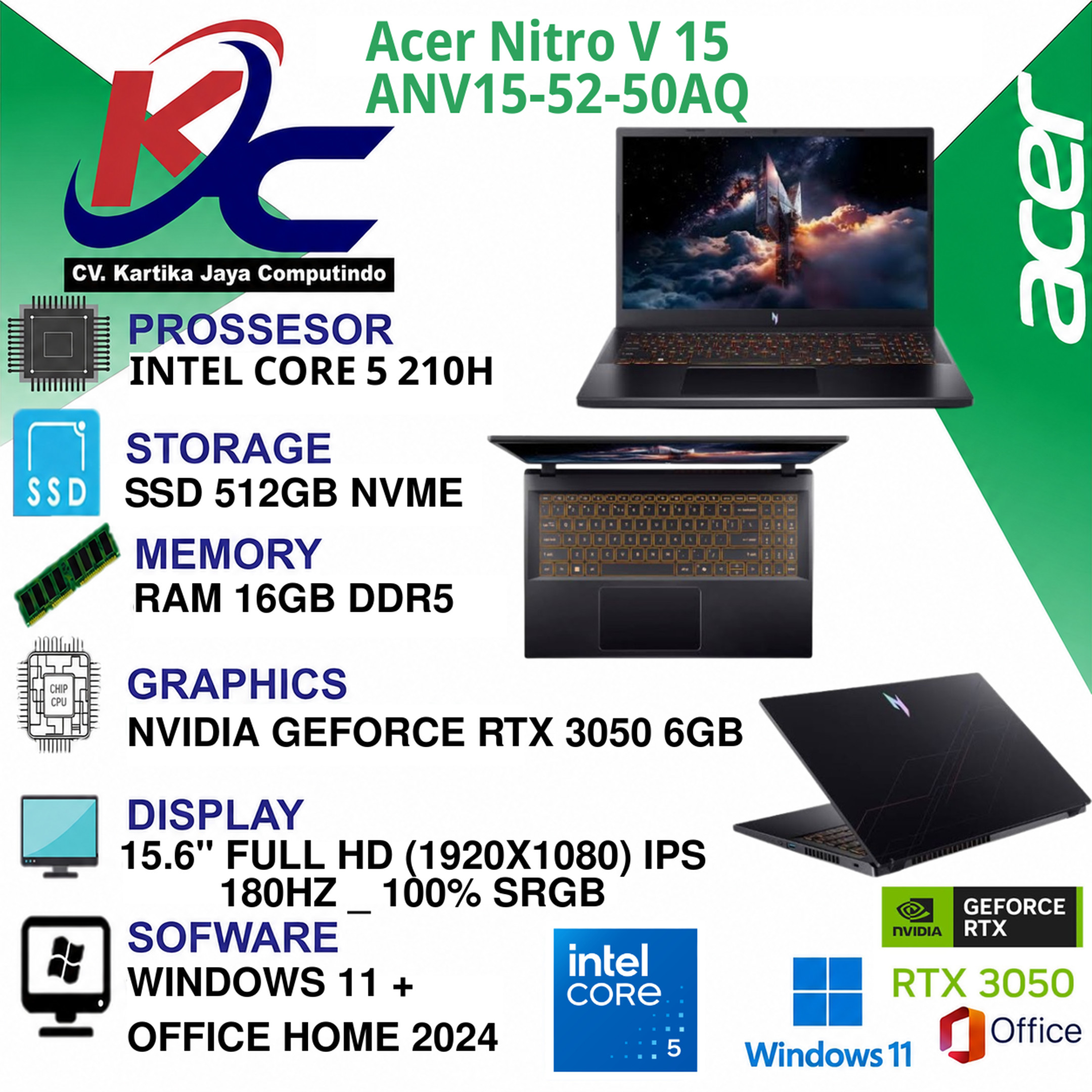 ACER ANV15-52-50AQ  CORE 5-120H/ 16GB/ SSD 512GB/ RTX3050-6GB/ W11 OHS +M365